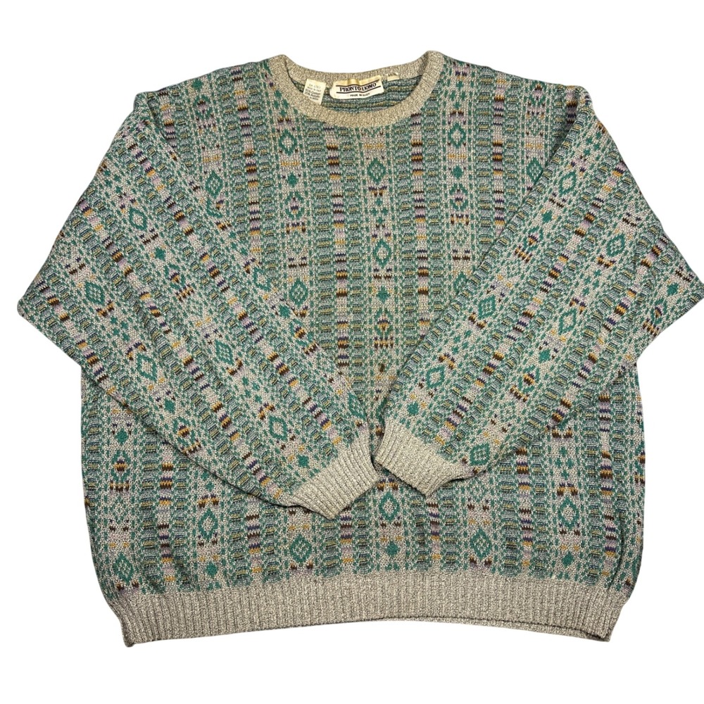 Pronto Uomo Vintage Made in Italy Geometric Knit Sweater Mens XL Green Abstract